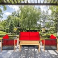thumbnail image 1 of Gymax Ensemble de Conversation pour Patio Extérieur en Bois d'Acacia 4 Pcs avec Coussins Rouges, 1 of 9