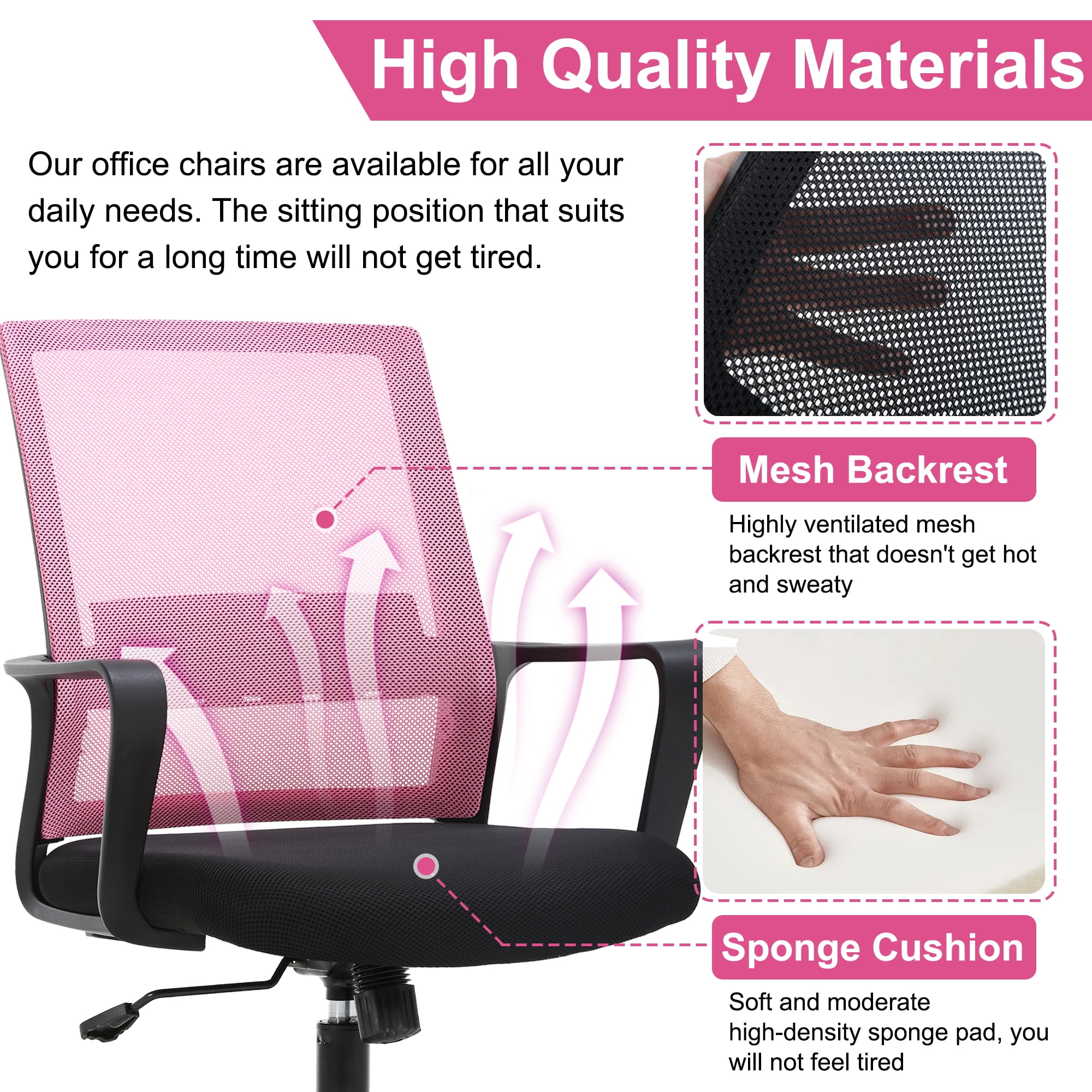 BestOffice Ergonomic Office Chair, Lumbar Support, Swivel Rolling for Women(Pink)