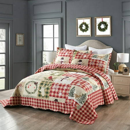 MarCielo 3 Piece Christmas Quilt Set Rustic Lodge Deer Quilt Quilted Bedspread Printed Quilt Bedding Throw Blanket Coverlet Lightweight Bedspread Ensemble/Snowman