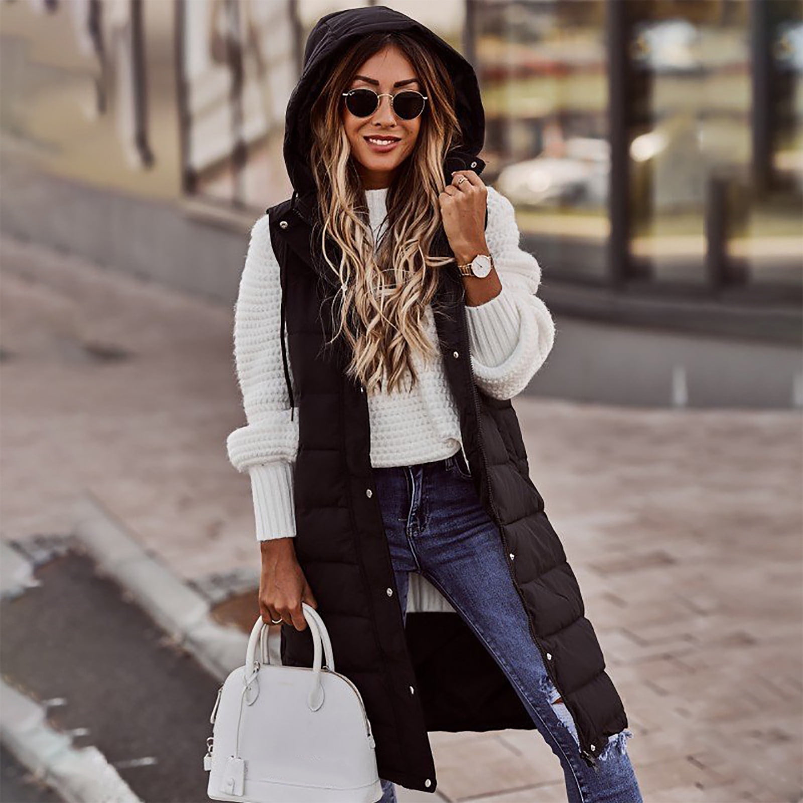 Women's Long Quilted Vest Hooded Puffer Vest Padded Coat