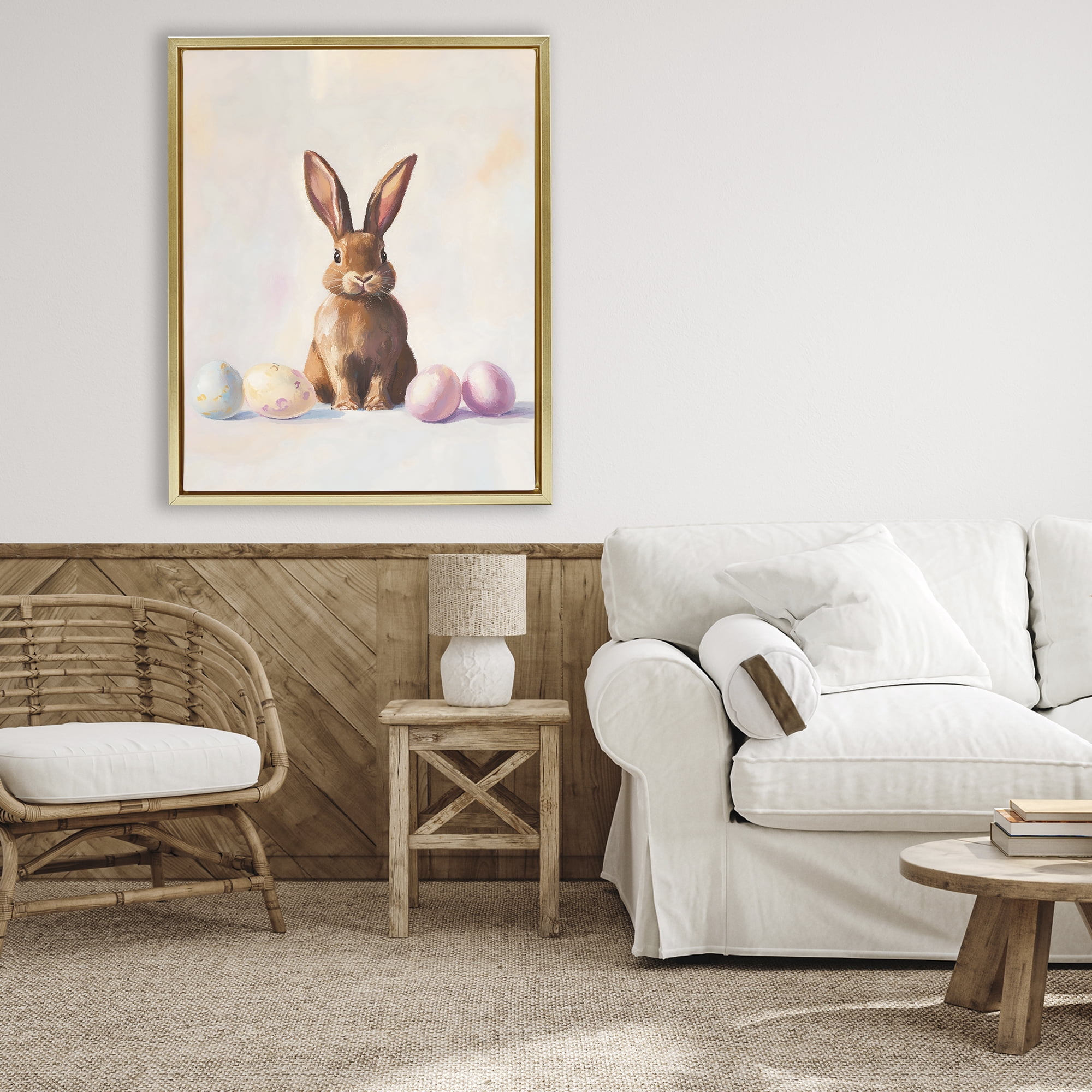 Stupell Industries Easter Bunny with Pastel Eggs Gold Framed Floater Canvas Wall Art, design by The Prints Vibe