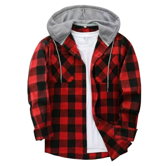 Flannel Jacket For Men Hooded Flannel Flannel Hoodie Shirts Long Sleeve Casual Vintage Button Down Plaid Shirt Jacket with Pocket