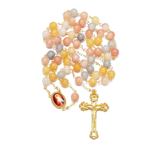 KOMI 8mm Glass Rosary Beads Catholic 18K Gold Plated Divine Mercy Medal Rosary Necklace Christian Gifts
