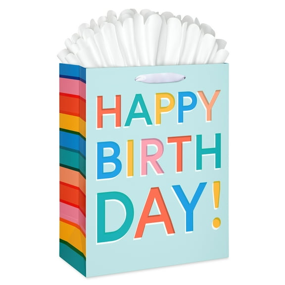 American Greetings 12.75" Large Blue Birthday Gift Bag with Gift Tissue Paper, Multi-color Stripes (1-Count)