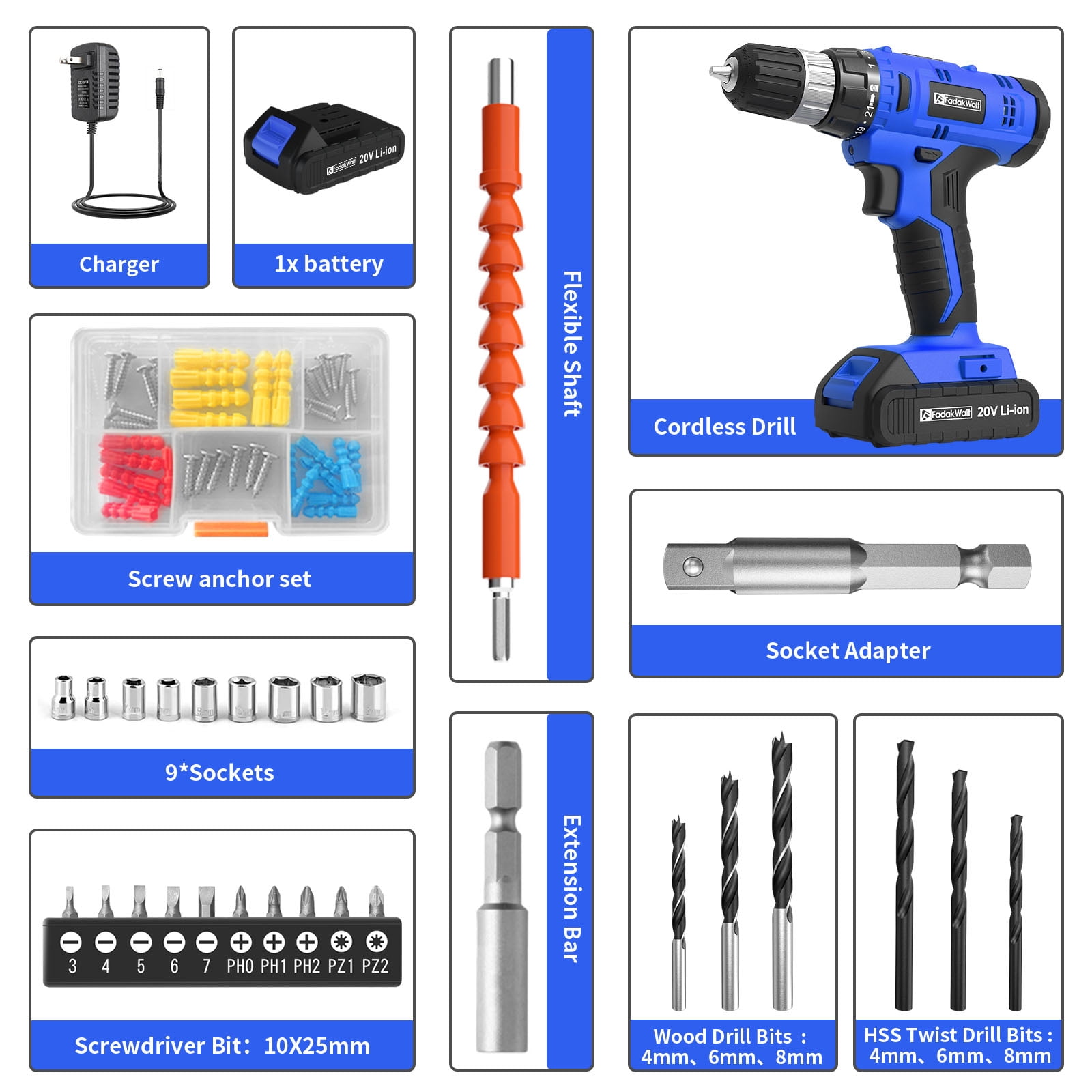 20V Cordless Drill Set with Battery & Charger, 30N.m Torque, 21+1 Settings, 3/8" Keyless Chuck, LED Light, Electric Drill Kit for Home DIY (Blue)
