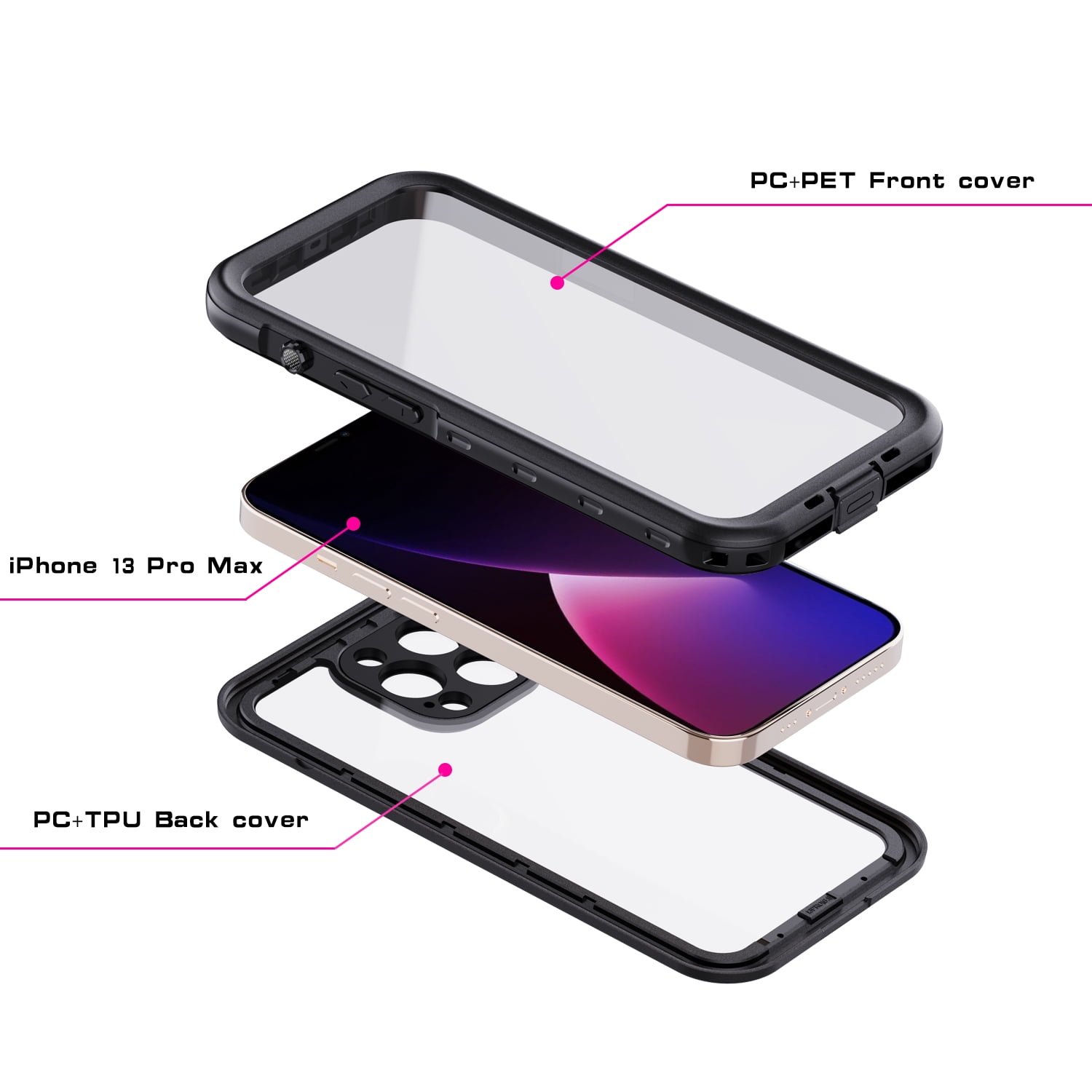 SaniMore for iPhone 13 Pro Max IP68 Waterproof Case with PET Screen Protector, Ultra Clear Cover with Magnetic Wireless Charging Transparent PC + Soft TPU Heavy Duty Protection Shell, Black