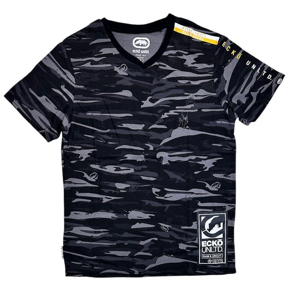 Ecko Unltd Men's V-Neck T-Shirt Black Camo Tee (Small, Black Camo)