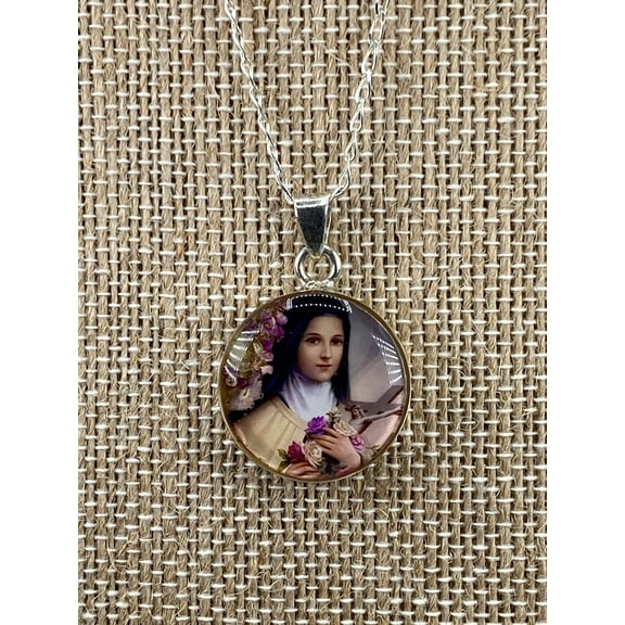 The Faith Gift Shop Our Lady of Grace Round Locket with Metal Chain Blue Background