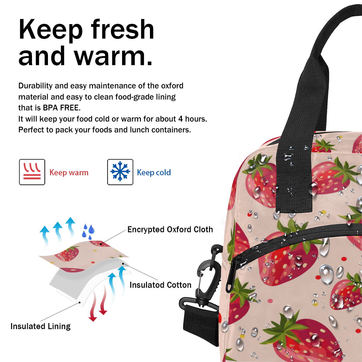 Herdesigns Strawberry Insulated Lunch Bag for Women Men Adults Large Reusable Lunch Box Strawberries Leakproof Cooler Tote Bags with Adjustable Shoulder Strap