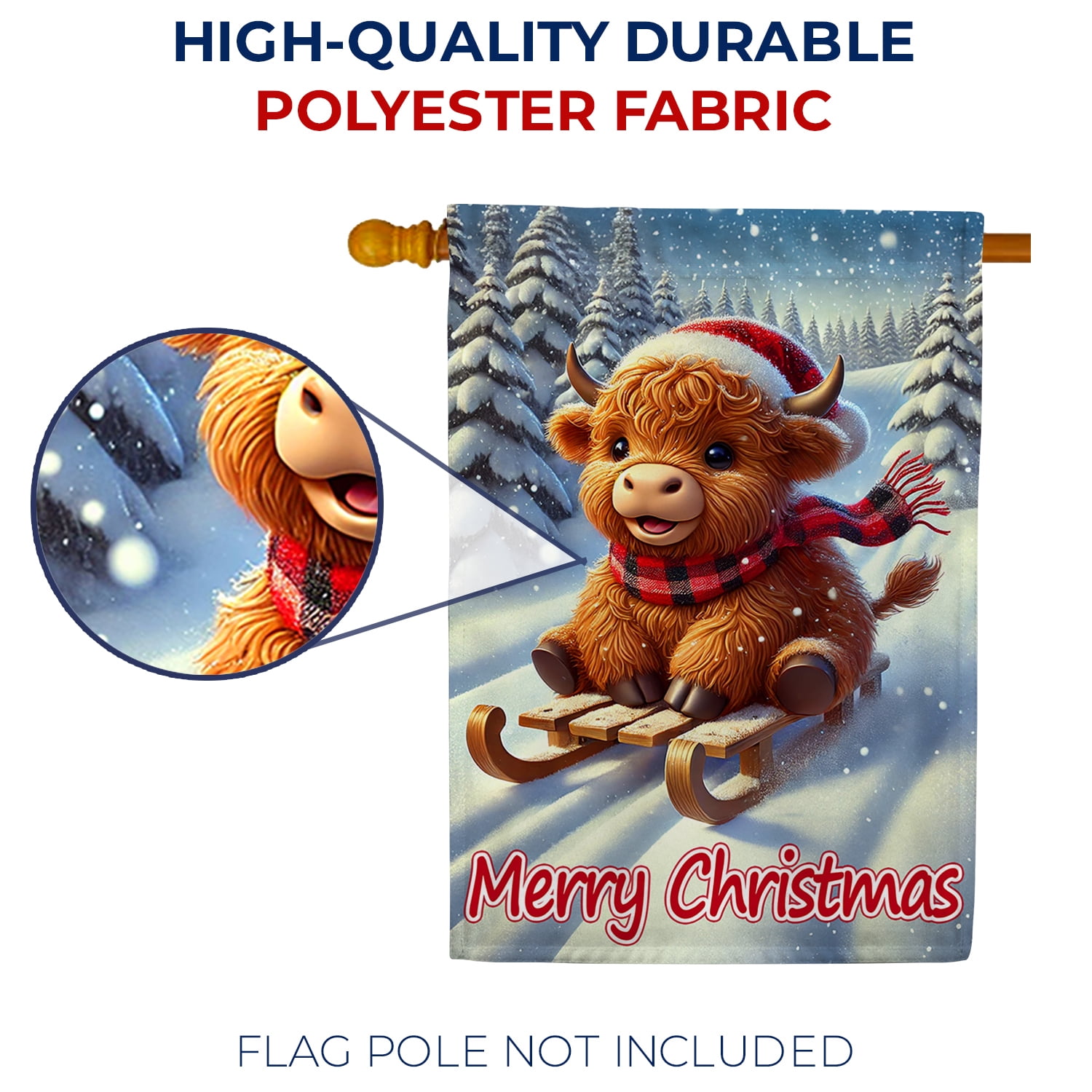 America Forever Highland Cow Sled House Flag, 28 x 40 inch Double Sided, Christmas Heifer Banner, Winter Plaid Scarf Snow Outdoor Decor, Holiday Outside Decorations Yard Flag