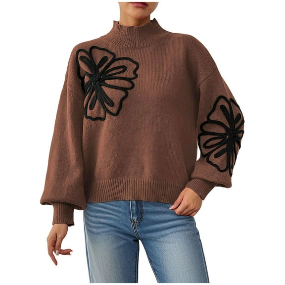 Mock Neck Sweaters for Women Colorblock Batwing Sleeve Outfit Fall Winter Floral Pullover Tops Coffee XL