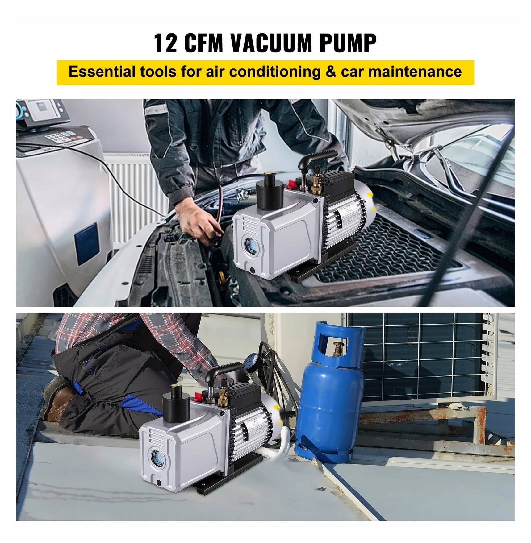 Vacuum Pump 12CFM 1 HP Single Stage Air Conditioning Vacuum Pump 110V 5PA Ultimate Vacuum Refrigerant HVAC Air Tool Rotary Vane Vacuum Pump for Automobile Vacuum Evacuation (1-Stage, 12CFM)