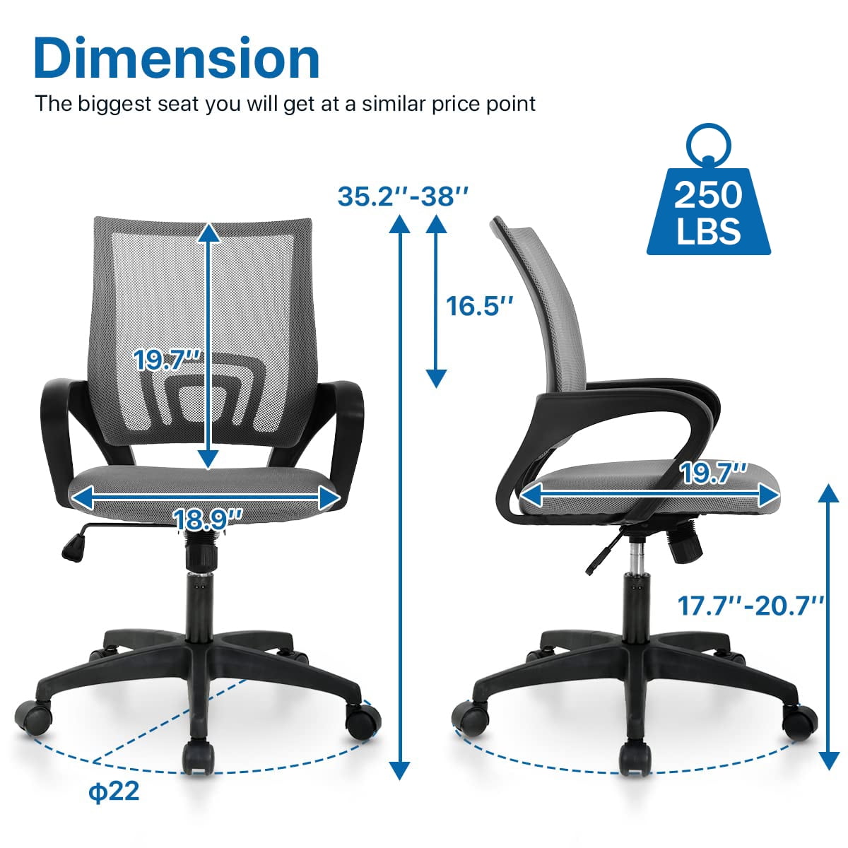 NiamVelo Mesh Office Chair, Mid-Back Home Office Chair Adjustable Ergonomic Desk Chair with Armrest, Rolling Swivel Chair for Adults, Grey