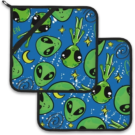 

JUSIP Green Alien Pot Holder Set of 2 Heat Resistant Potholders Oven Hot Pads for Kitchen Cooking Baking BBQ