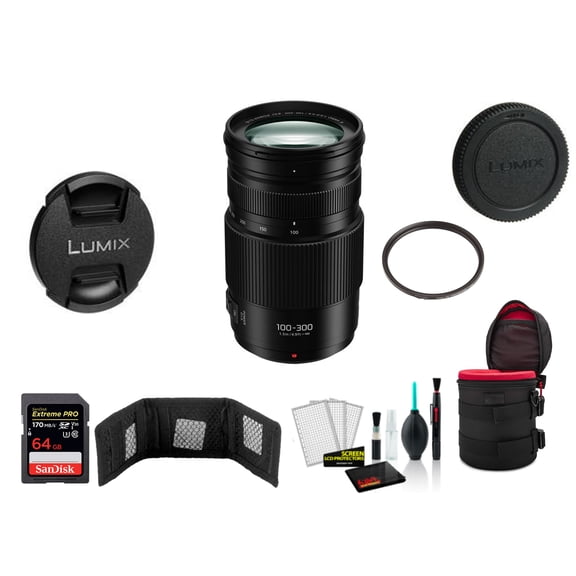 Panasonic Lumix G Vario 100-300mm F/4-5.6 II POWER O.I.S. Telephoto Zoom Lens - Bundle with 64GB Memory Card and More (International Model)