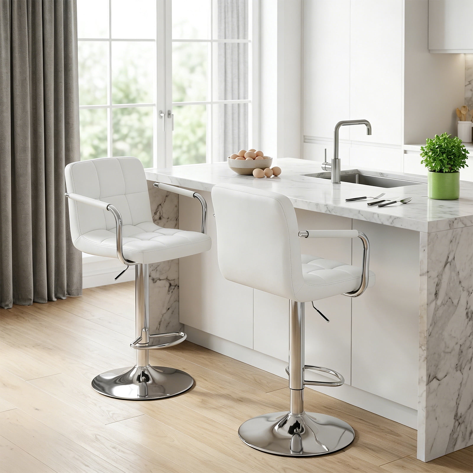 edx Bar Stools Set of 2 with PU Leather, Swivel High Back Bar Stools with Handles for Kitchen Island, White