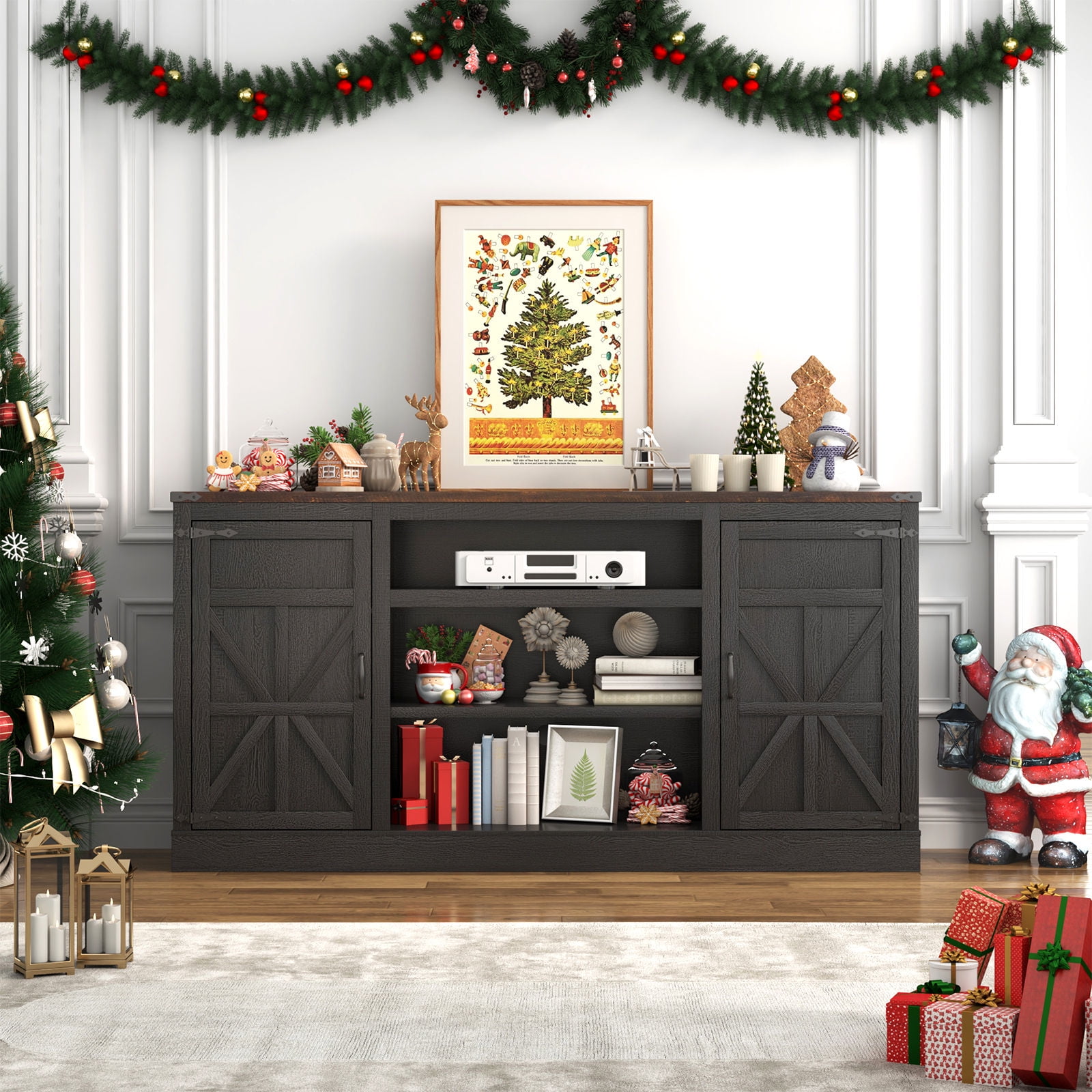 Farmhouse TV Stand for 65" 70" up 75" TVs with Power Outlet, 33" Tall TV Stand Entertainment Center with Storage, Black TV Consoles for Living room Bedroom