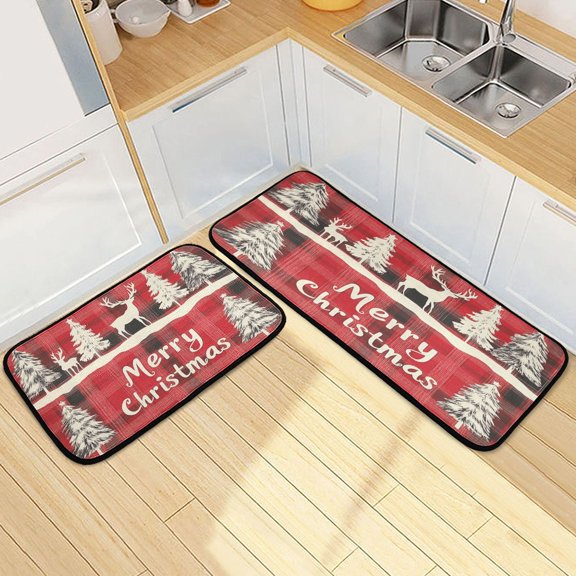 Kitchen Rugs and Mats【2 PCS】Non Skid Christmas Red Plaid Painting with Reindeer Creative Kitchen Mat