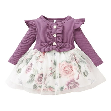 

ZMHEGW Toddler Dresses For Girls Casual Baby Floral Tulle Autumn Ruffle Long Sleeve Princess Clothes Beach Dress