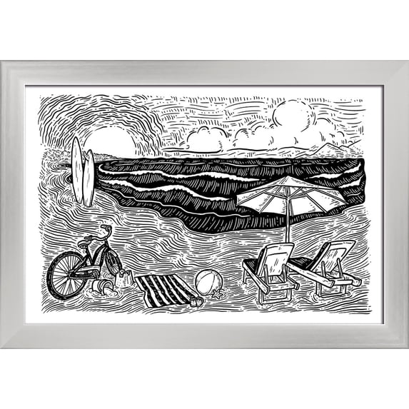 Beach Scene - Etching - Lantern Press Artwork (18x12 Giclee Art Print, Gallery Framed, Silver Wood)