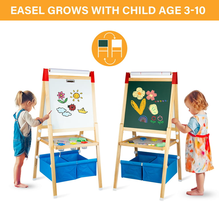 Fundamentals Kids Art Easel 3 in 1 Multipurpose Wooden Art Easel, Chalk  Board & Dry Erase White Board & Paper Roll with Paper Clamp Adjustable  Height