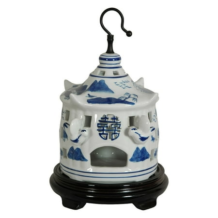 Oriental Furniture 11" Landscape Blue & White Porcelain Bird Cage