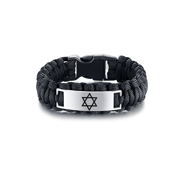 Men's Israeli & Jewish Jewelry - Handmade Survival Paracord Star of David Cuff Bracelet, Religious Jerusalem Magen David Star Personalized Engraved Israel Faith Bangle for Judaica,Black,9 Inch