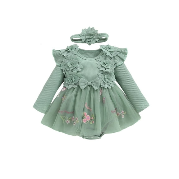 Spewahor Infant Baby Girl Fall Romper Dress 0 3 6 9 12 18 Months Crew Neck Long Sleeve Floral Print Lace Tutu Dresses Bodysuit with Headband