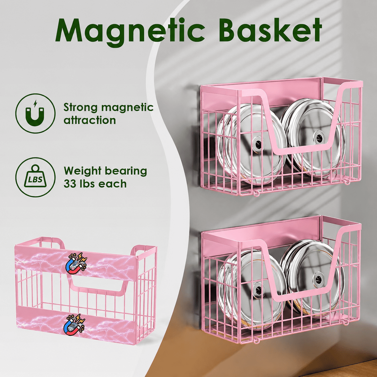 Pink Magnetic Shelf for Fridge, Fruit Potato and Onion Storage Bins, Magnetic Spice Rack Shelves for Side of Refrigerator, Fruit Basket Magnetic Fridge Shelf Kitchen Pantry Storage Organizer