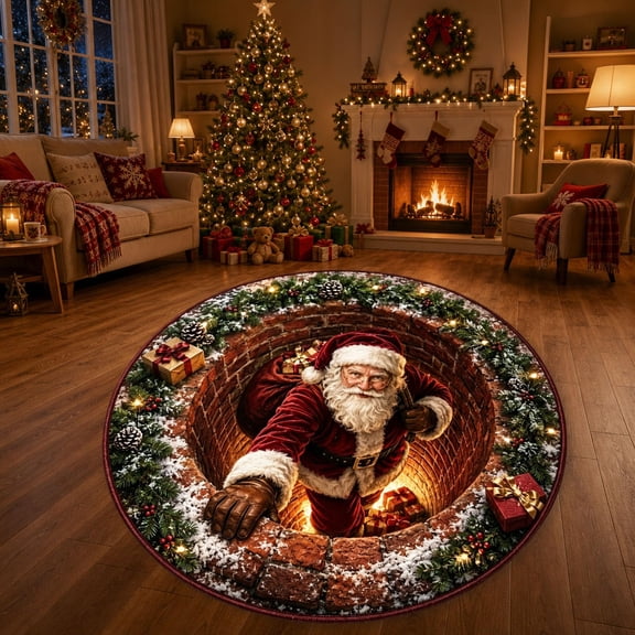 Christmas Magic Portal 3D Illusion Rug, Santa Chimney Round Floor Decor, Optical Illusion Christmas Area Rug for Holiday Home Decor(S)