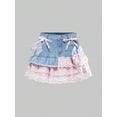 thumbnail image 3 of Baby Blue Denim Mini Skirt With Lace Ruffle Hem And Bow Embellishments, 3 of 24