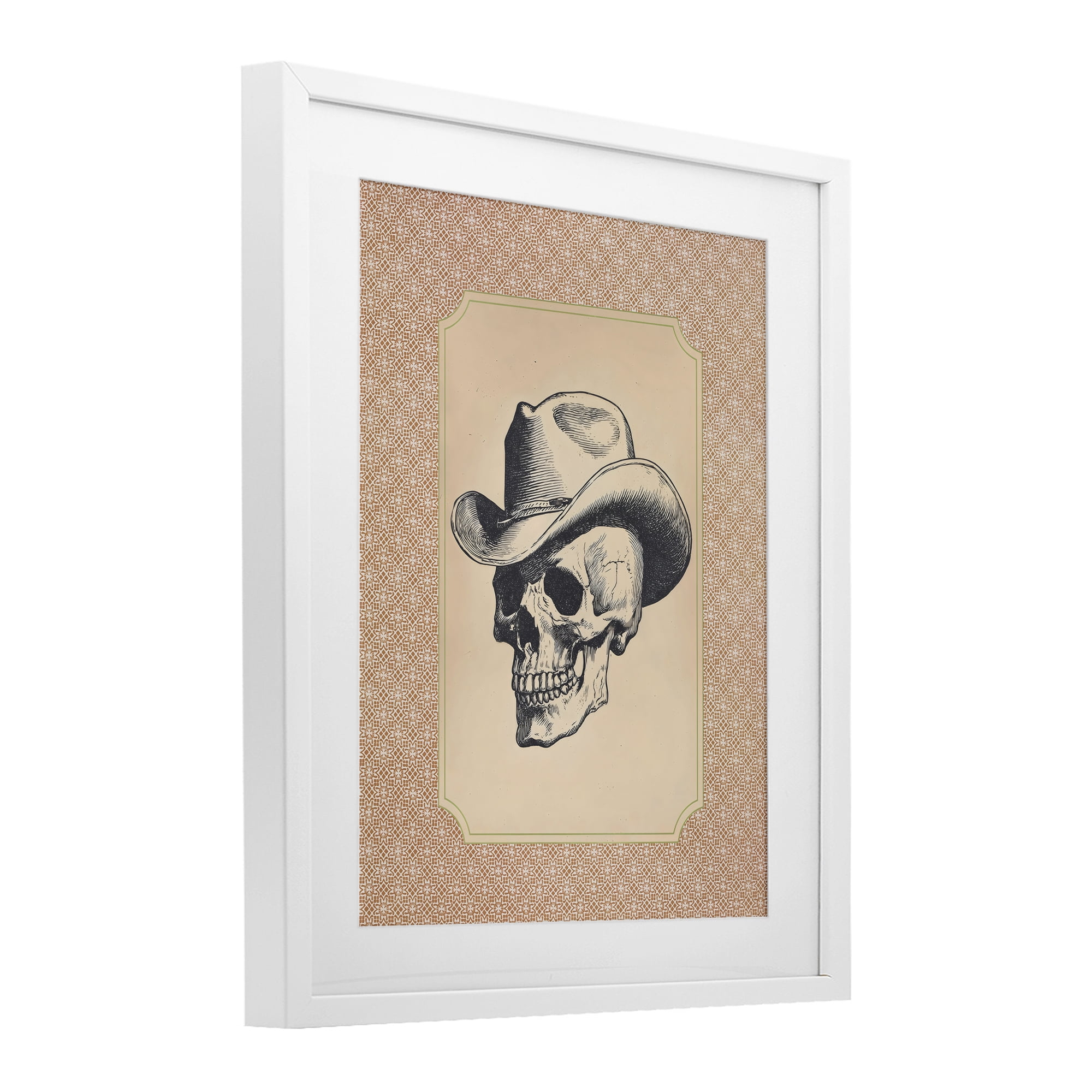 Vintage Cowboy Skull White Framed Print Under Glass, design by Arlington Prints