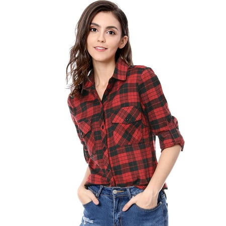 Women Checks Roll Up Sleeves Flap Pockets Flannel Plaid Shirt Black,red XS (US 2)