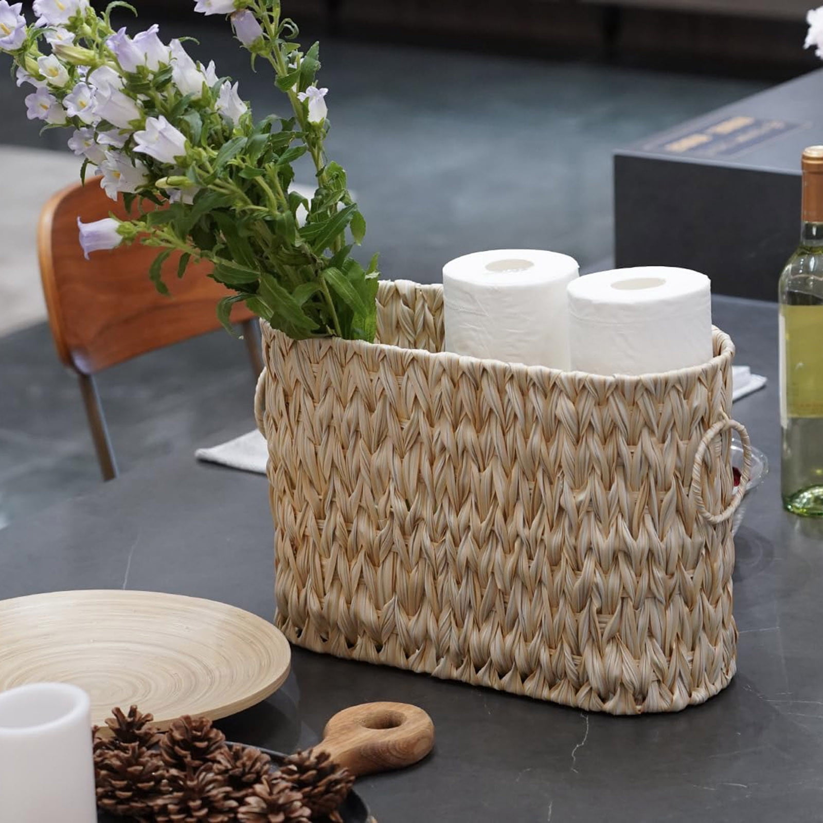 Large Waterproof Wicker Toilet Tank Basket Storage Organizer with Handles, Woven Bathroom Countertop Organizer Basket 14.17"x5.71"x10.43" for Toilet Paper and Bath Supplies