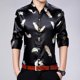 thumbnail image 2 of Camisa tipo cárdigan de manga larga con estampado de plumas de imitación mercerizado para hombre Pompotops  oipoqjl26184, 2 of 4