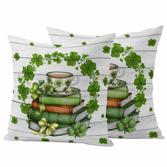 St Patrick's Day Outdoor Waterproof Pillow Covers, Lucky Shamrock Leaf Books Coffee Cups Wooden Decorative Square Throw Pillowcase Sofa Cushion Sham for Patio/Couch/Chair, 18"x18" 2 Pack