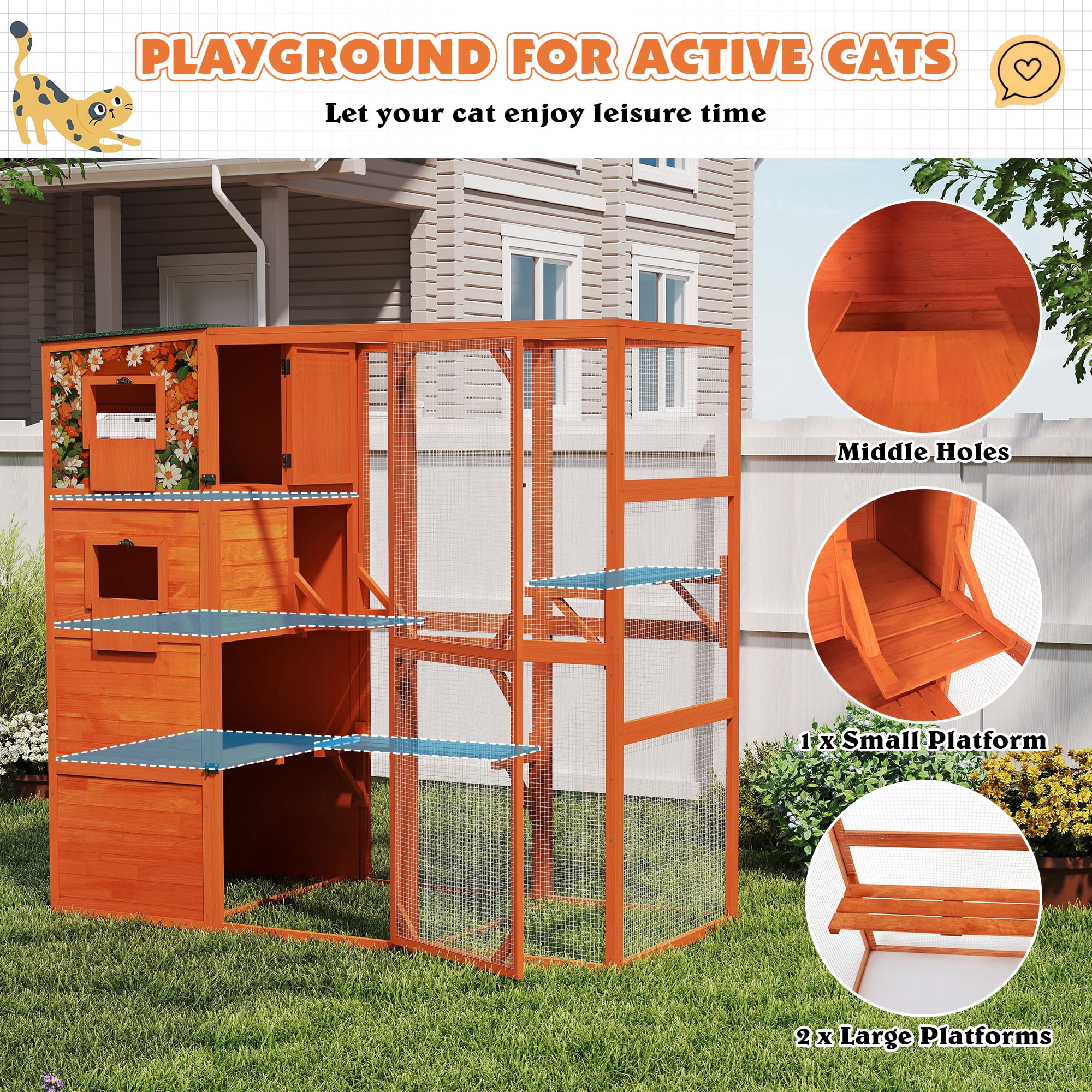 COZIWOW Wood  Cat House Catio Outdoor Enclosure, 2 Resting Condos, 2 Platforms, 4-Tier Cat Play Cage, Orange