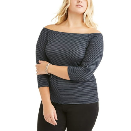 Juniors' Plus 3/4 Sleeve Off Shoulder Stripe Top