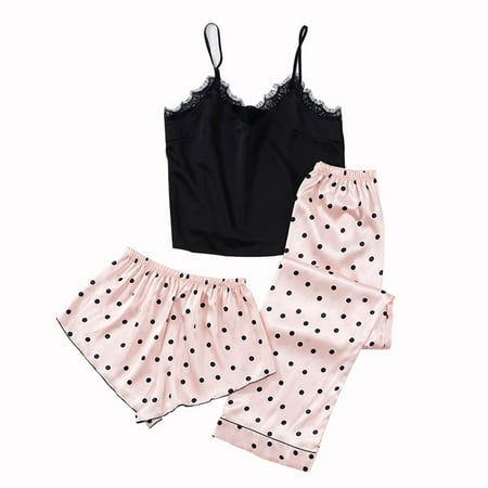 

MIARHB Women Dot Print Robe Lace Strap Underwear Sleepwear And Shorts Long Pants Pajamas 3PC Suits Sets
