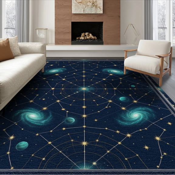 ODIKA 8'x10' Washable Area Rug Starry Universe Blueprint Featuring Linked Stellar Points Layout for Living Room, Under Sectional, Family , Durable, Non-Slip