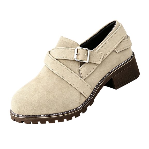 Gpaecead Women's Buckle Strap Low Block Heel Loafers Faux Suede Non Slip Vintage Comfort Dress Shoes For Work Beige