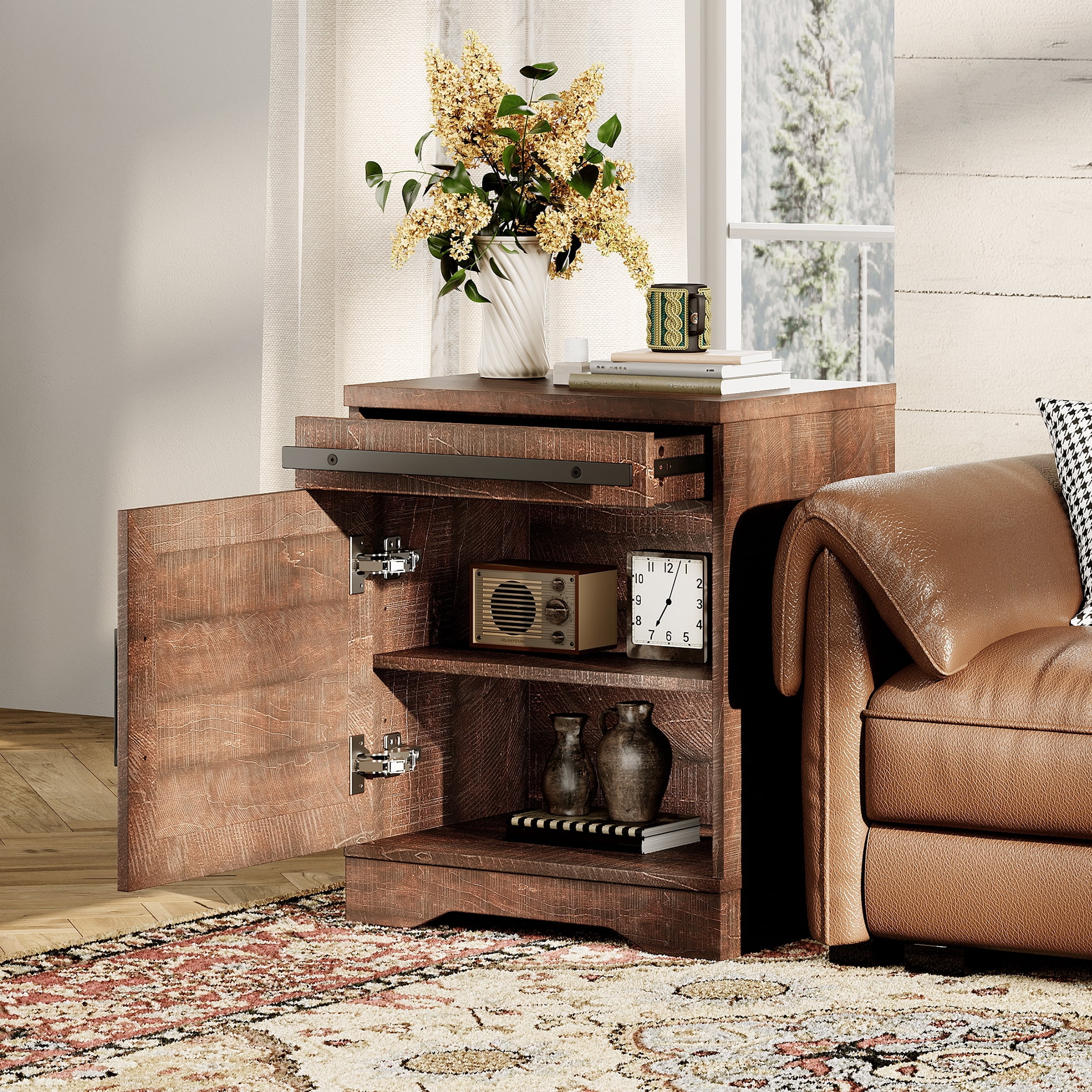 WAMPAT 24.3-inch Tall Farmhouse End Table Set of 2 with Drawer and Barn Door Cabinets for Living Room,Wood Scoring-Style Purposeful Distressing,Rustic Brown