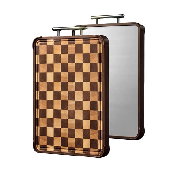 Acacia Wood Cutting Board with Stainless Steel Handle, Large Rectangular, 14.96x10.2x1.02 Inches, for Meat, Vegetables, Fruits, Cheese