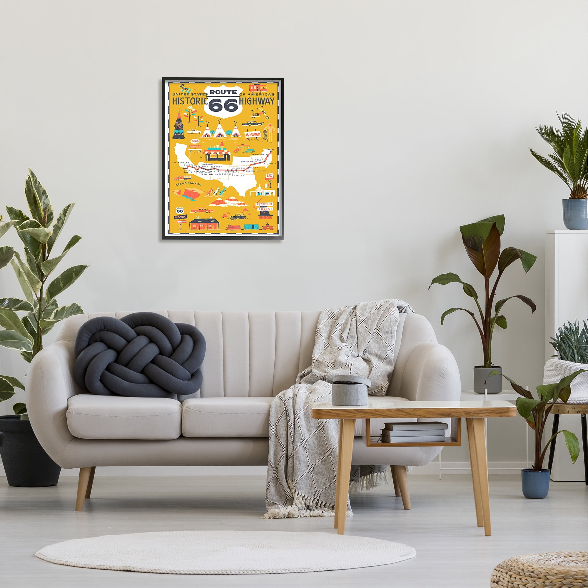 The Stupell Home Decor Collection US Route 66 Historic Highway Mustard Yellow Illustrated Scenic Map Poster Framed Giclee Texturized Art