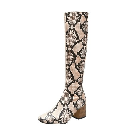 

Mackneog Chunky Thigh Snakeskin Contrasting Retro Women s Zipper High Shoes Heels Breathable Boots Colors Women s Boots Gift on Clearance
