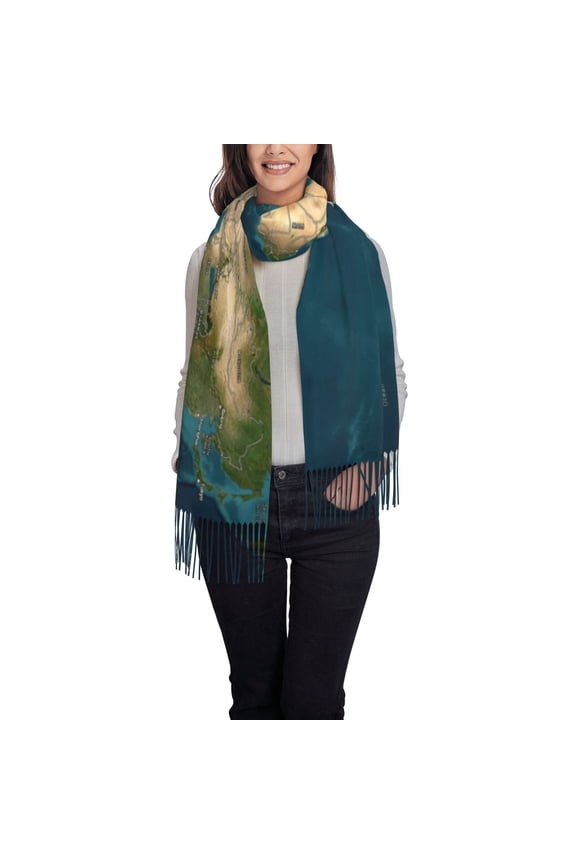 World Map Women's Traditional Scarf Wrap Tassel Shawl Fringes Neck Head Shawl Retro Scarf