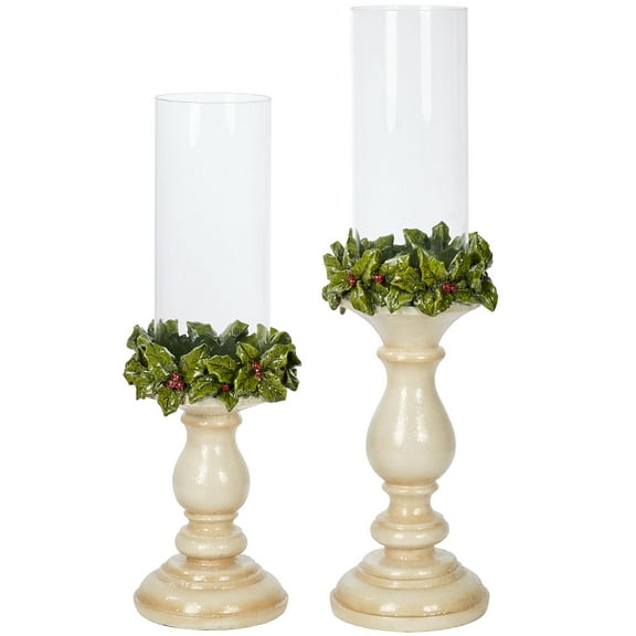 Christmas Holly Resin Candleholders Antique Ivory Set of Two Set of 2