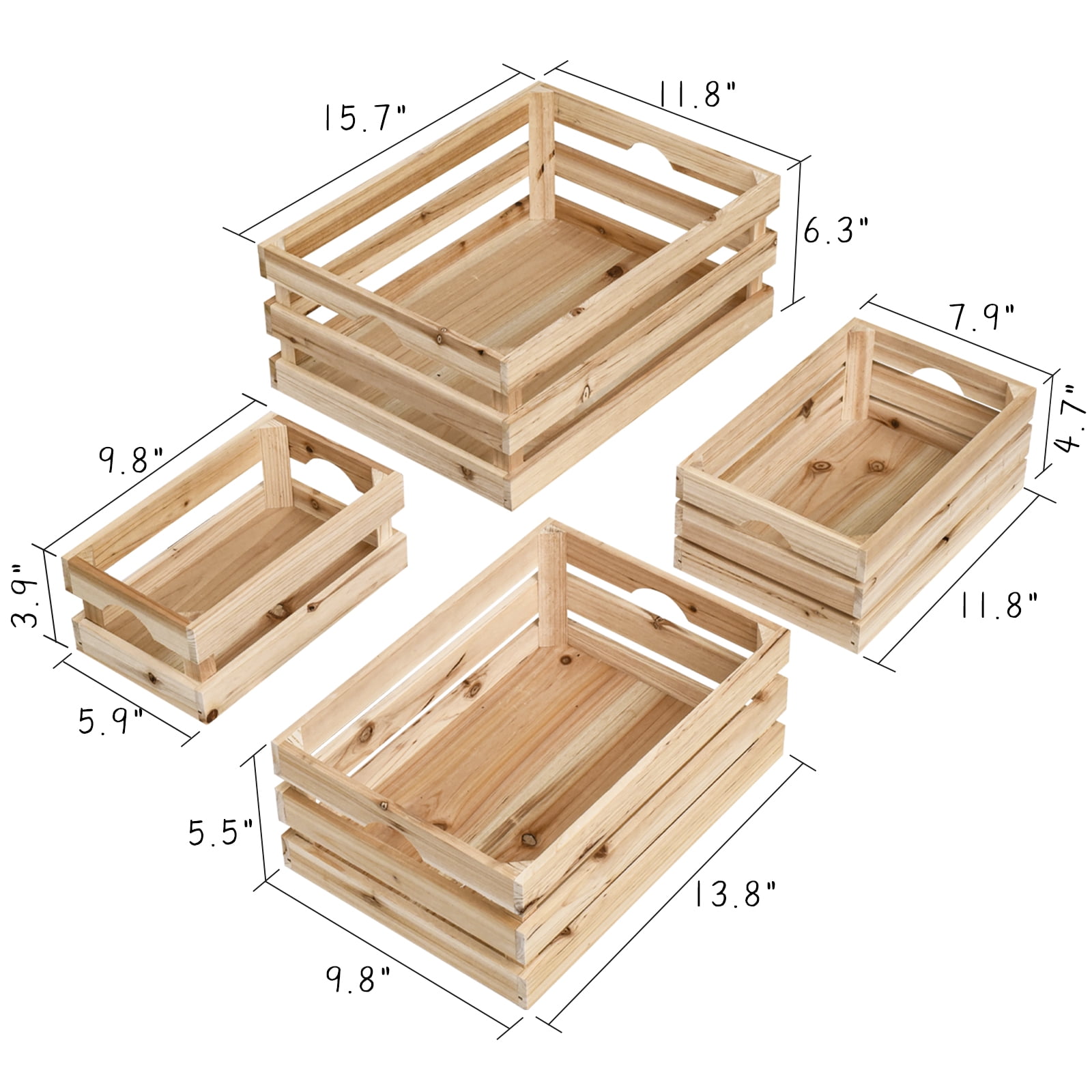 MODE HOME Set of 4 Large Wooden Crates Unfinished Office Storage Crates, Decorative Wood Storage Crates for Display, Rustic Pine Wood Organizer Bin Basket for Kitchen Pantry Bathroom