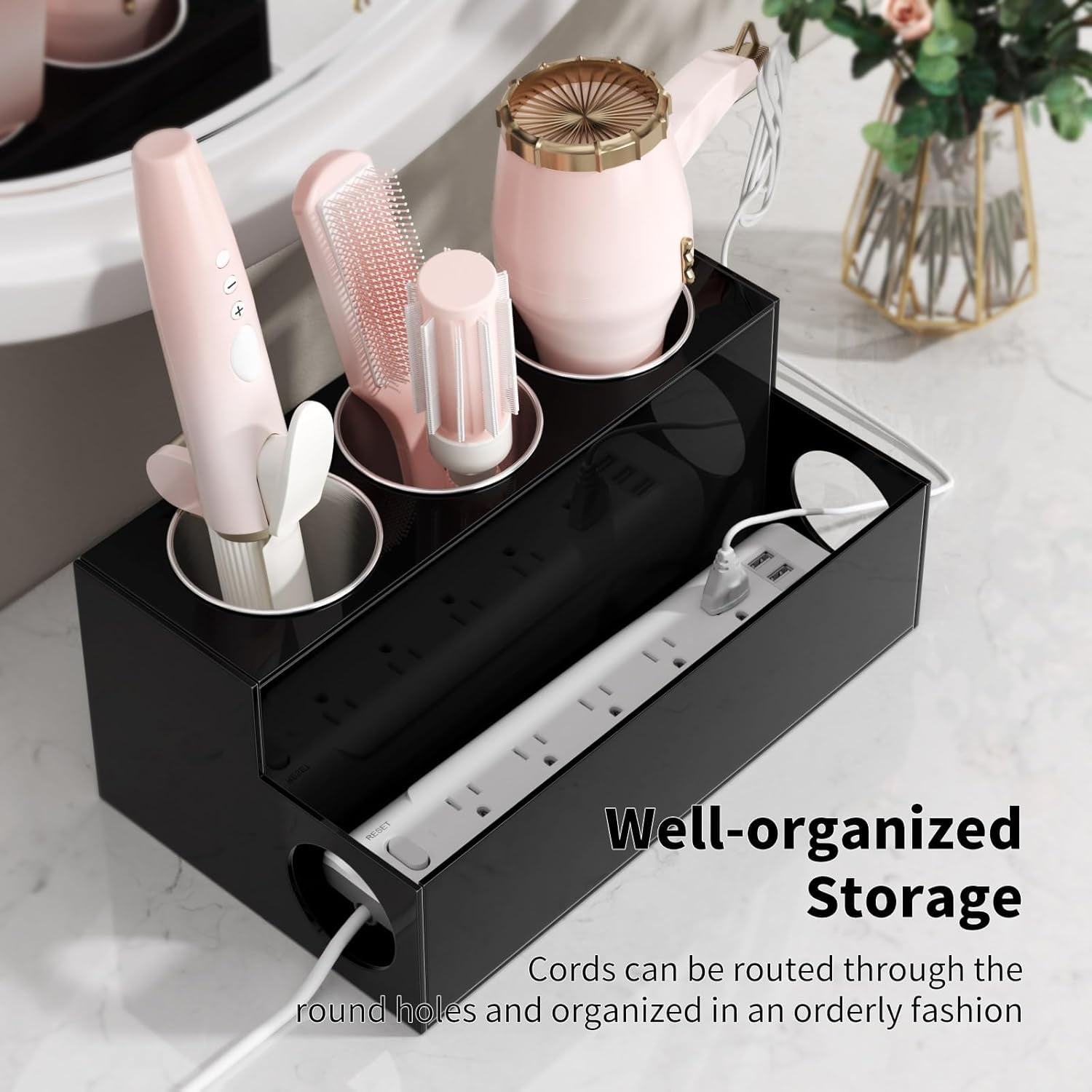 NIUBEE Hair Tool Organizer, Acrylic Hair Dryer Holder and Styling Organizer, Bathroom Countertop Blow Dryer Holder, Vanity Caddy Storage Stand for Blow Dryers, Accessories, Makeup, Toiletries, Black
