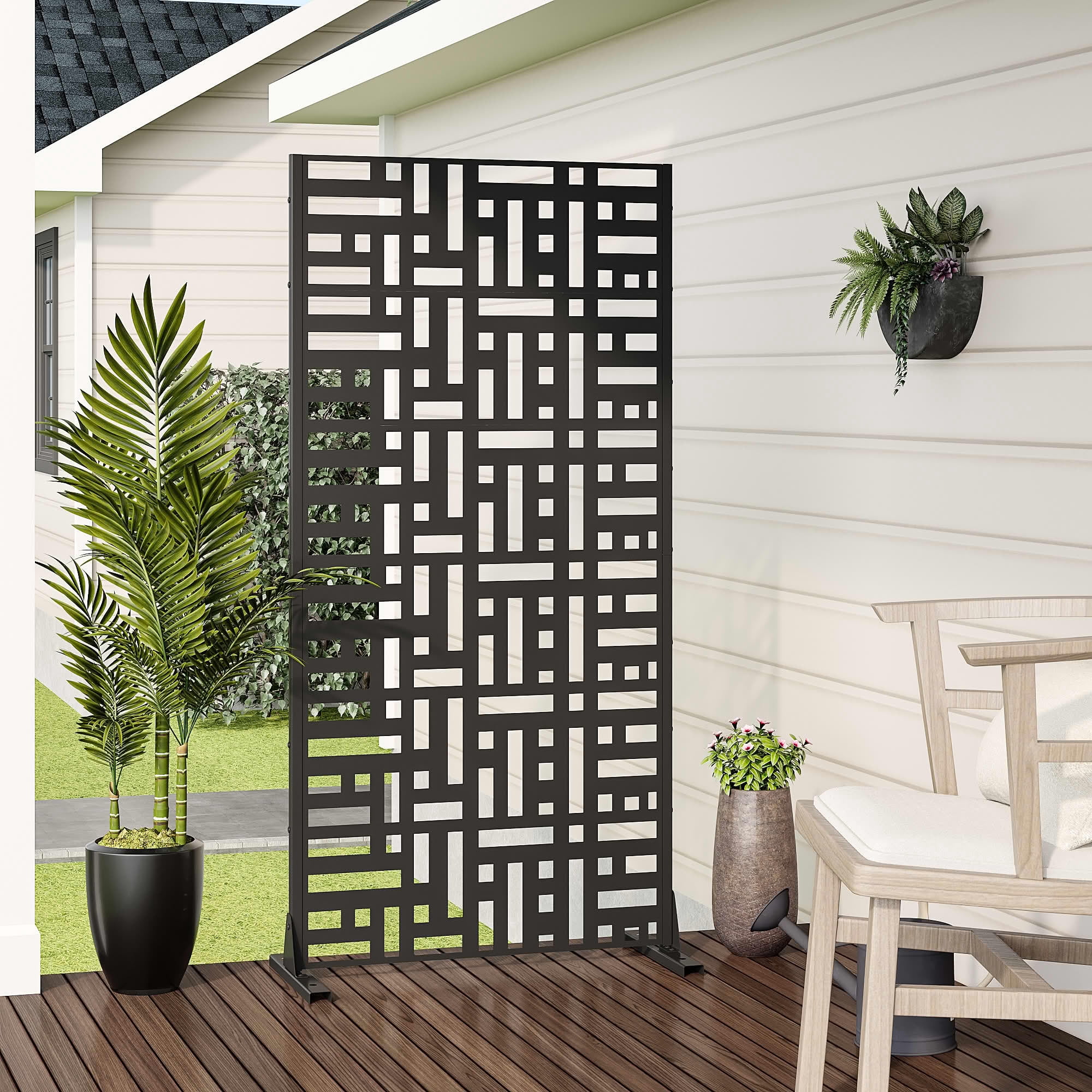 MAYEERTY 72"x35" Decorative Privacy Screen, 6-Panel Black Street Cutout Galvanized Steel Fence, Weather Resistant for Deck Balcony